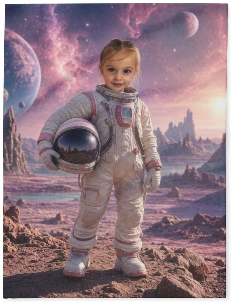 The same astronaut portrait printed on a soft fleece blanket