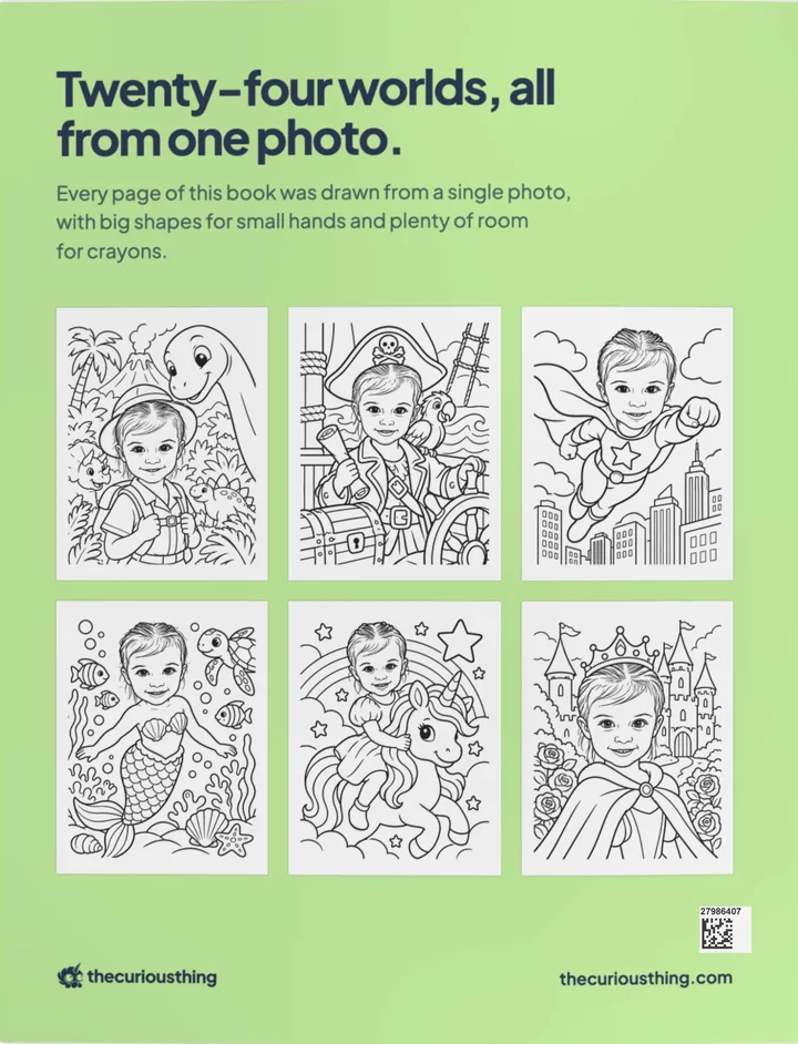 The back cover of the coloring book in lime green, with six of the pages inside under the line Twenty-four worlds, all from one photo