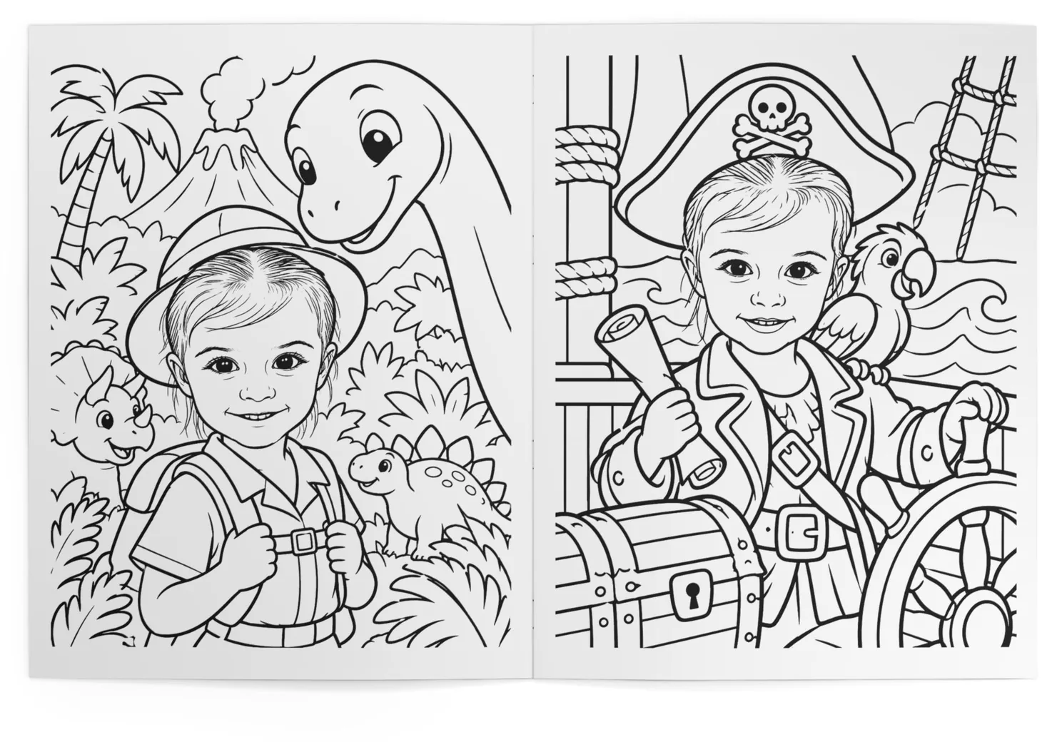 The book open at the dinosaur jungle and the pirate ship pages