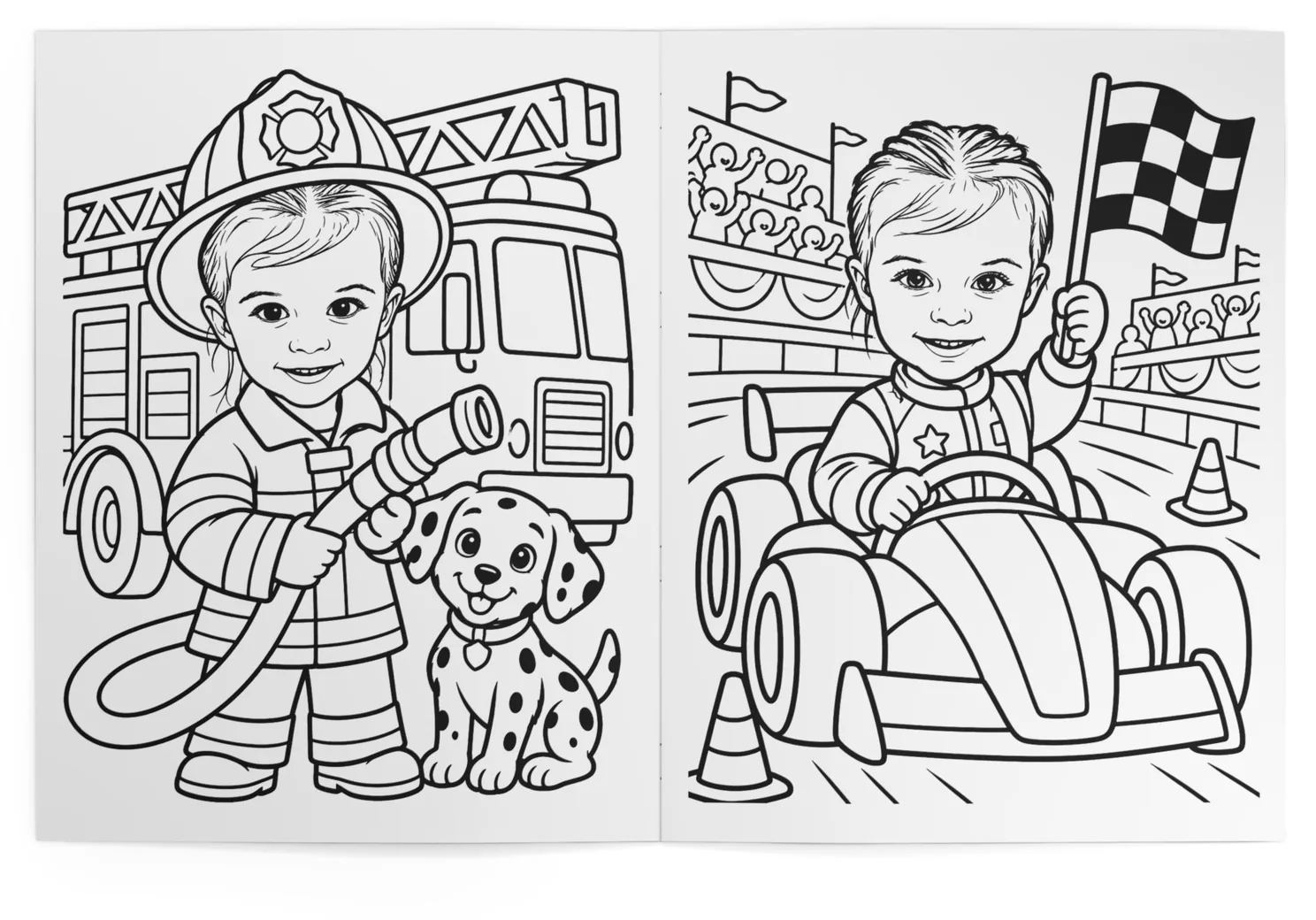 The book open at the fire engine and the race car pages