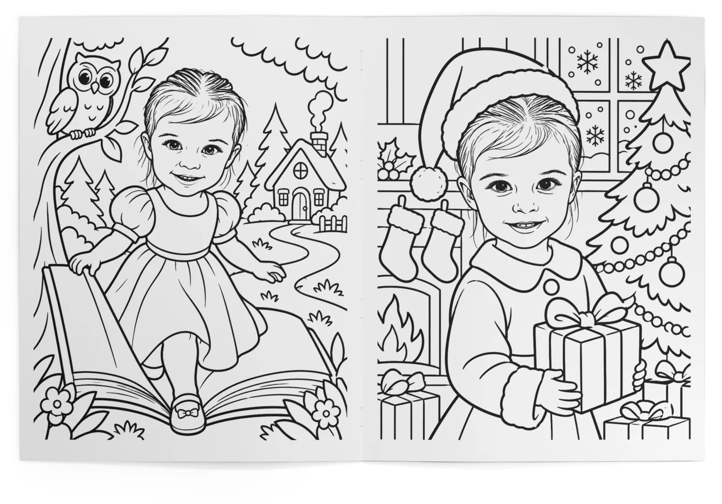 The book open at the storybook and the Christmas morning pages