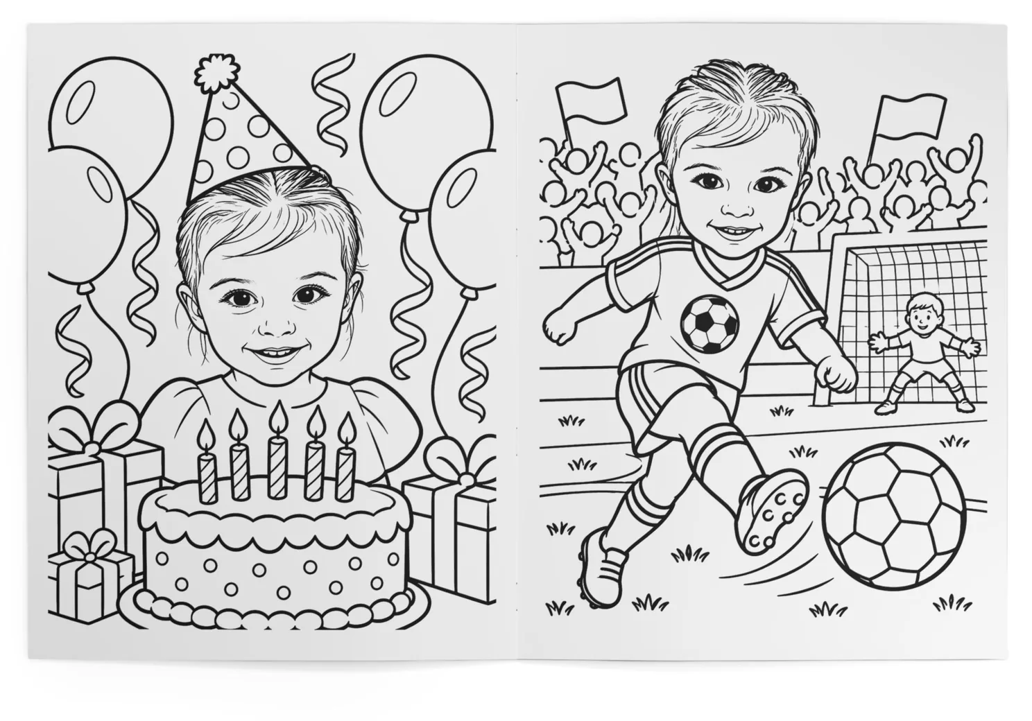 The book open at the birthday cake and the soccer pitch pages