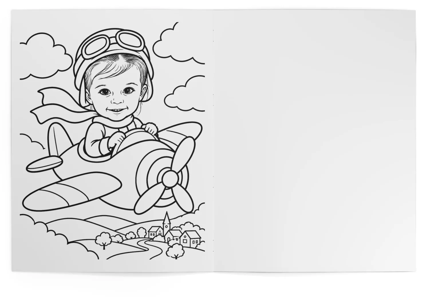 The book open at page 24: the girl flying a propeller plane over a village