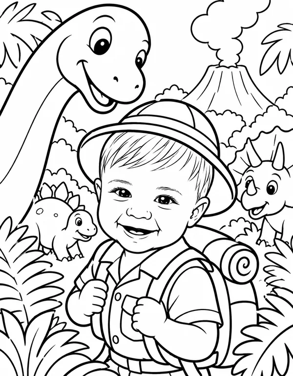 A boy explorer with a friendly long-necked dinosaur, drawn as a coloring page