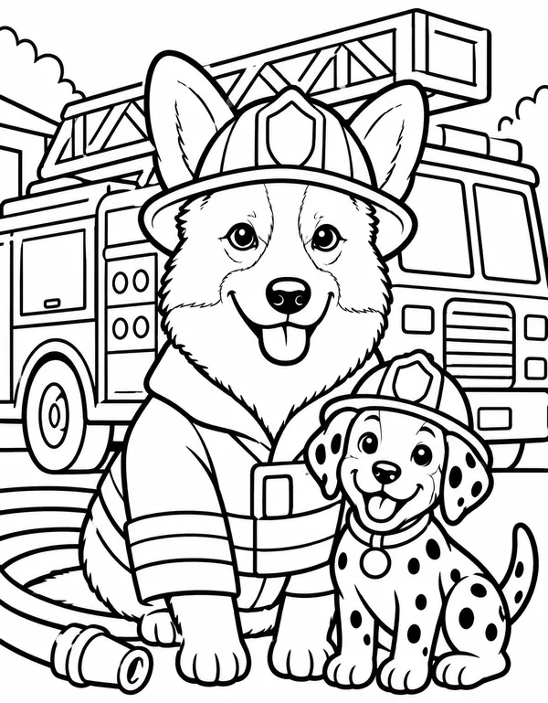 A coloring page of a corgi in a firefighter helmet beside a fire truck and a spotted puppy