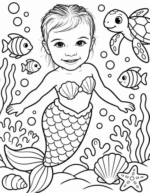 A girl with a mermaid tail among coral and fish, drawn as a coloring page