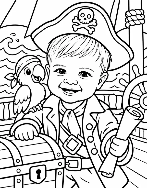 A boy pirate captain with a parrot and a treasure chest, drawn as a coloring page