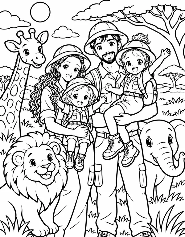 A coloring page of a family of four in safari hats, with a giraffe, a lion and an elephant