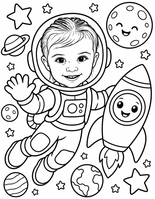 A girl as an astronaut beside a smiling rocket, drawn as a coloring page