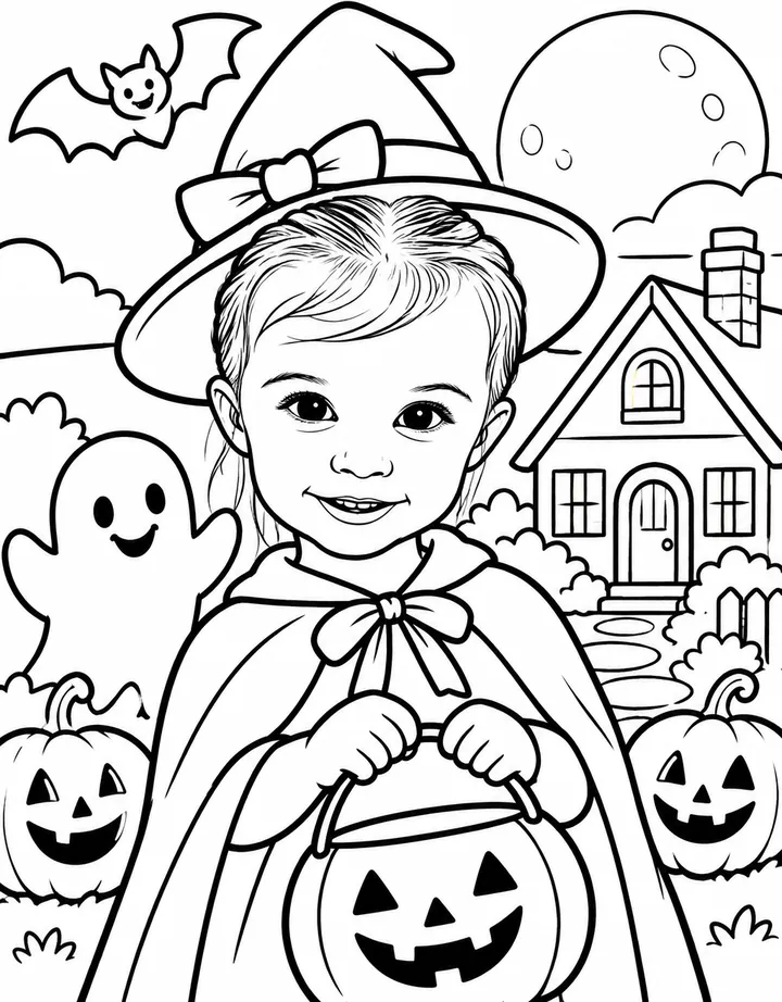 The coloring page made from it: the same girl in Spooky Night