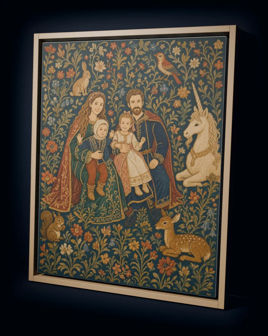 A family of four woven into a medieval tapestry among flowers, a unicorn and a deer, printed as a framed canvas in a natural wood frame