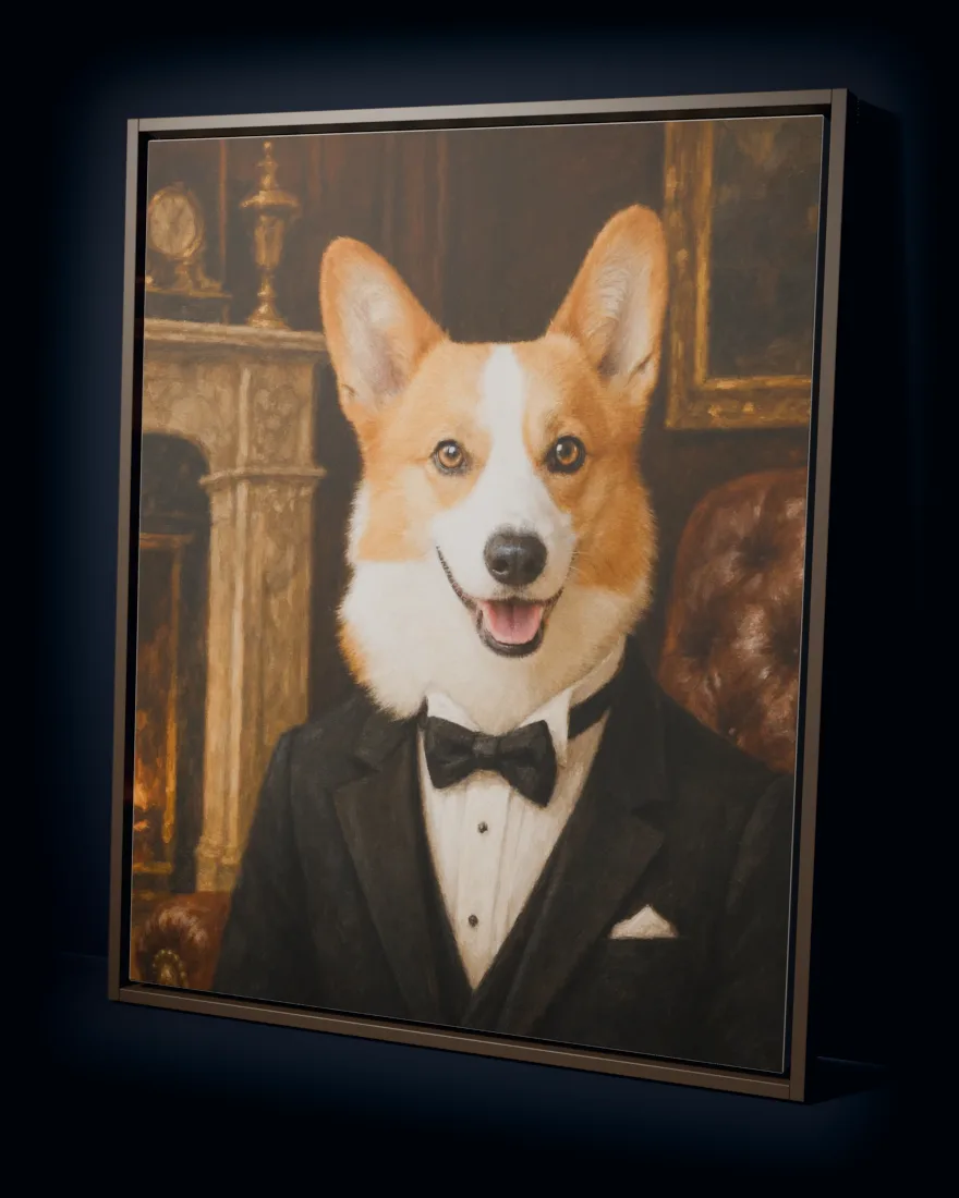 A corgi painted in a tuxedo by a fireplace, printed as a large framed canvas in an espresso floating frame
