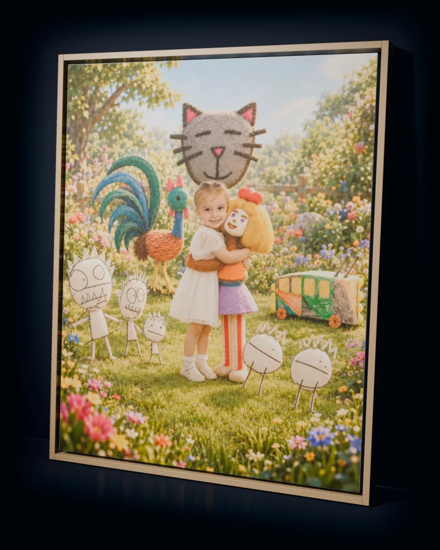 A little girl hugging a drawn character come to life in a sunny garden among the other characters she drew, printed as a large framed canvas in a natural wood frame