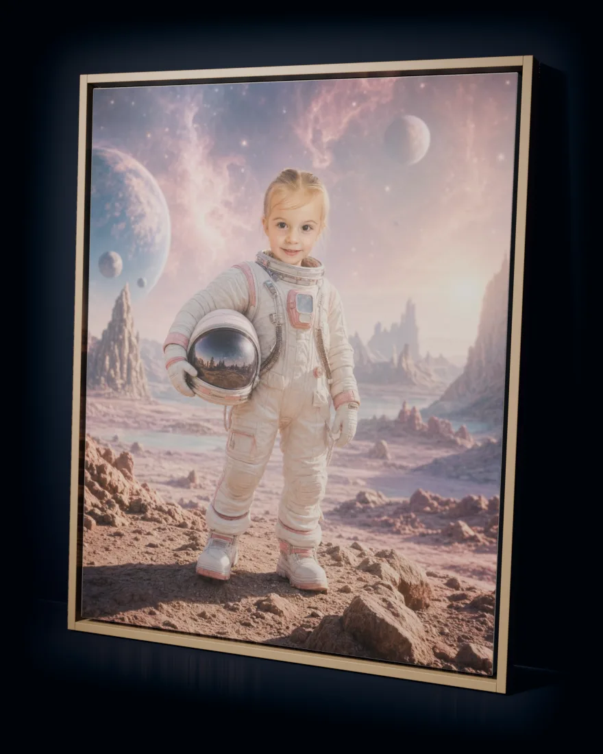 A child painted as an astronaut on a pastel planet, printed as a large framed canvas in a natural wood floating frame