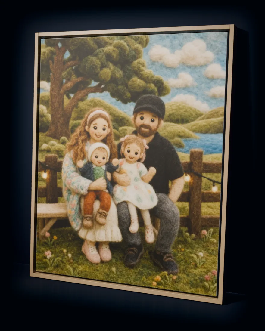 A family portrait in needle-felted wool, printed as a large framed canvas in a natural wood floating frame