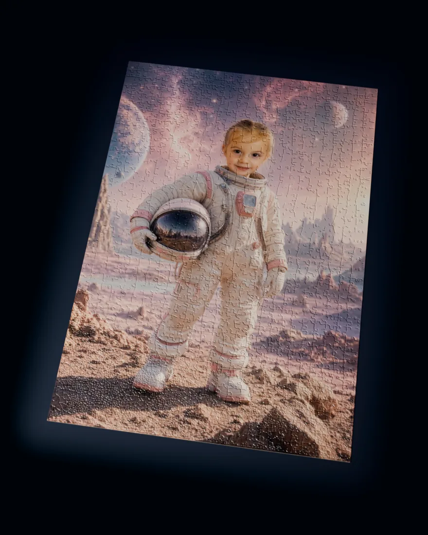 A child painted as an astronaut on a pink alien planet, printed as a custom jigsaw puzzle, at its largest, 1,014-piece size