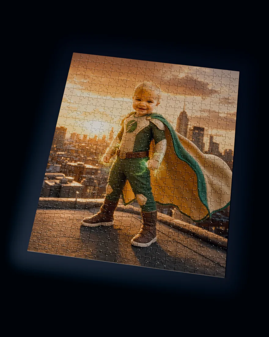 The same superhero portrait as a 520-piece custom photo puzzle