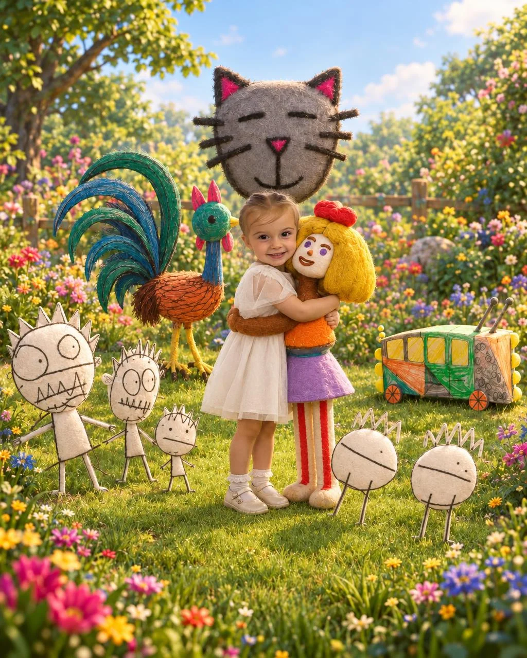 A little girl hugging a character from a drawing in a sunny garden, the other drawn characters standing around her as soft toys