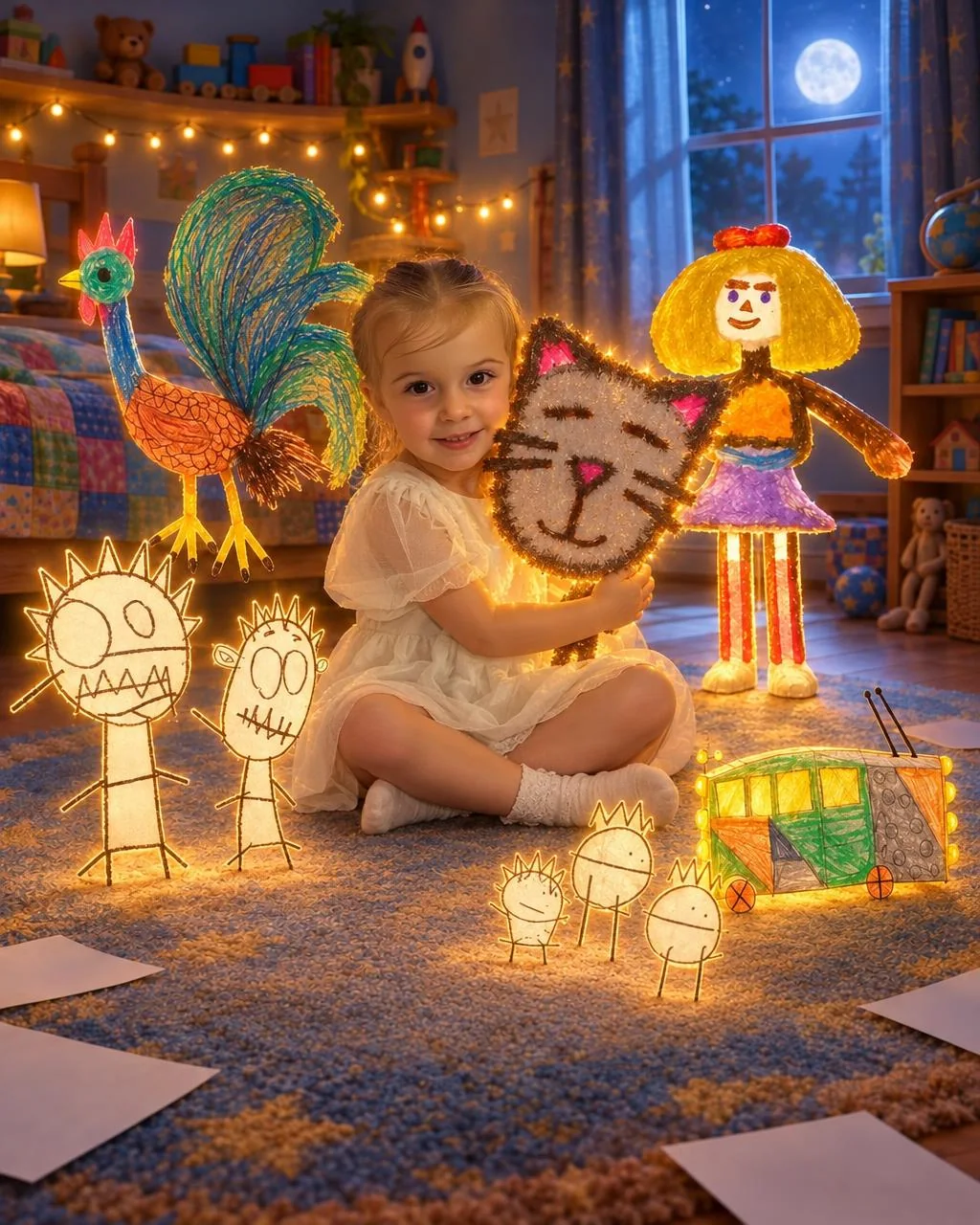 A little girl sitting on a bedroom rug at night among drawn characters that glow like lanterns