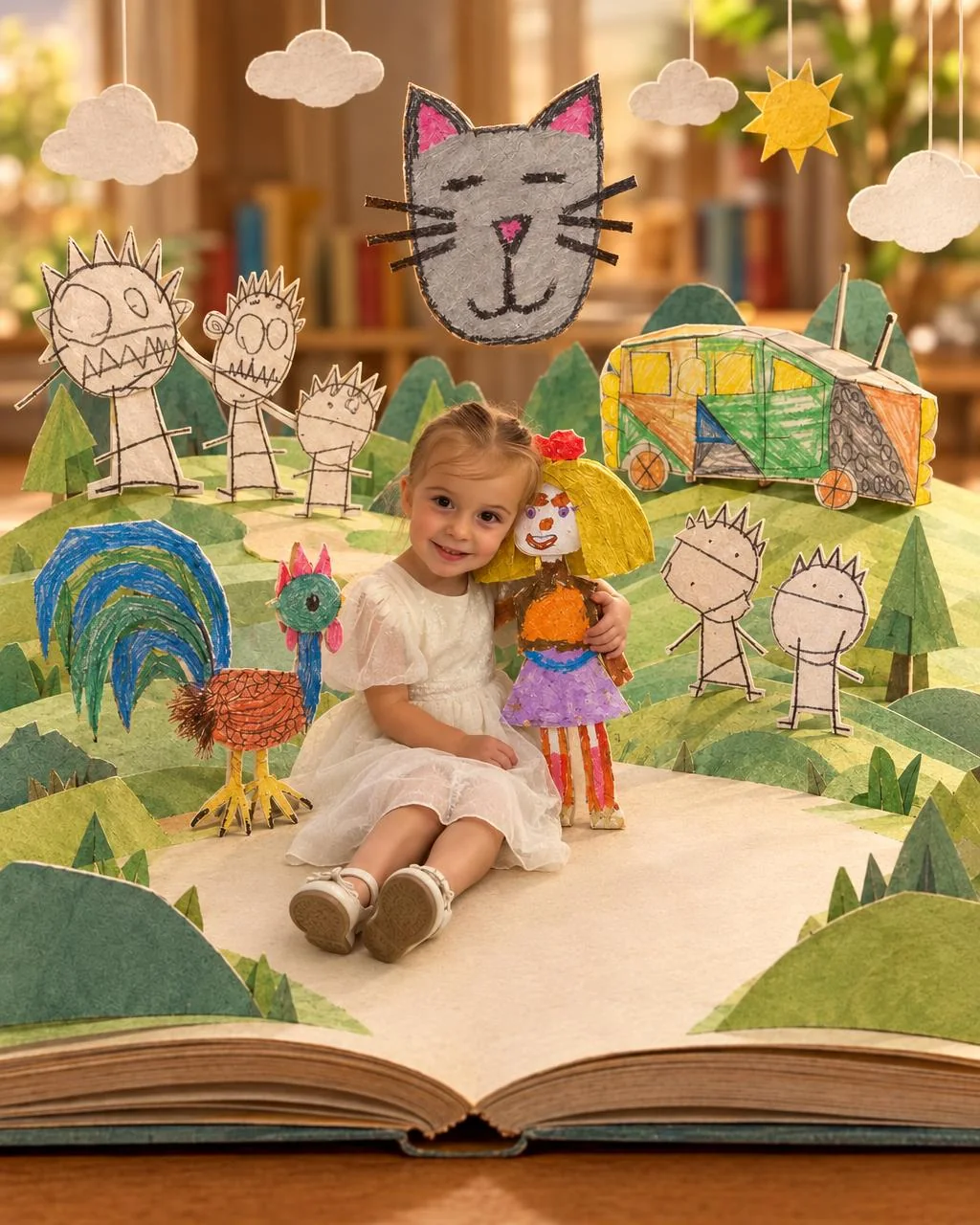 A little girl sitting on a giant open pop-up book among papercraft versions of the characters she drew