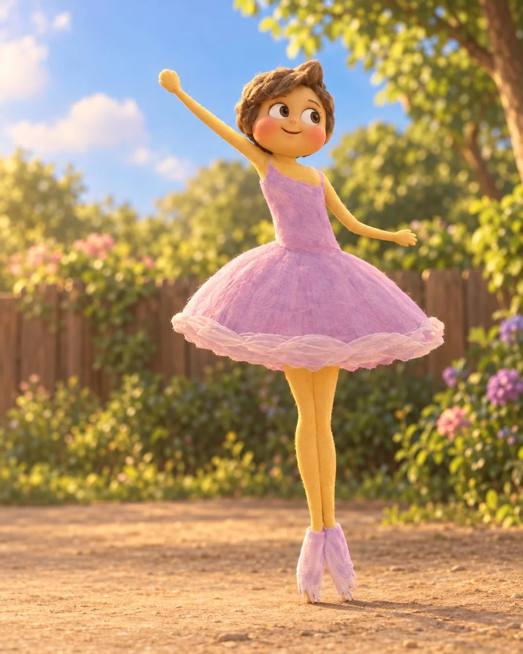 The same drawing of a ballerina in a pink tutu, made real as a still from a 3D animated film