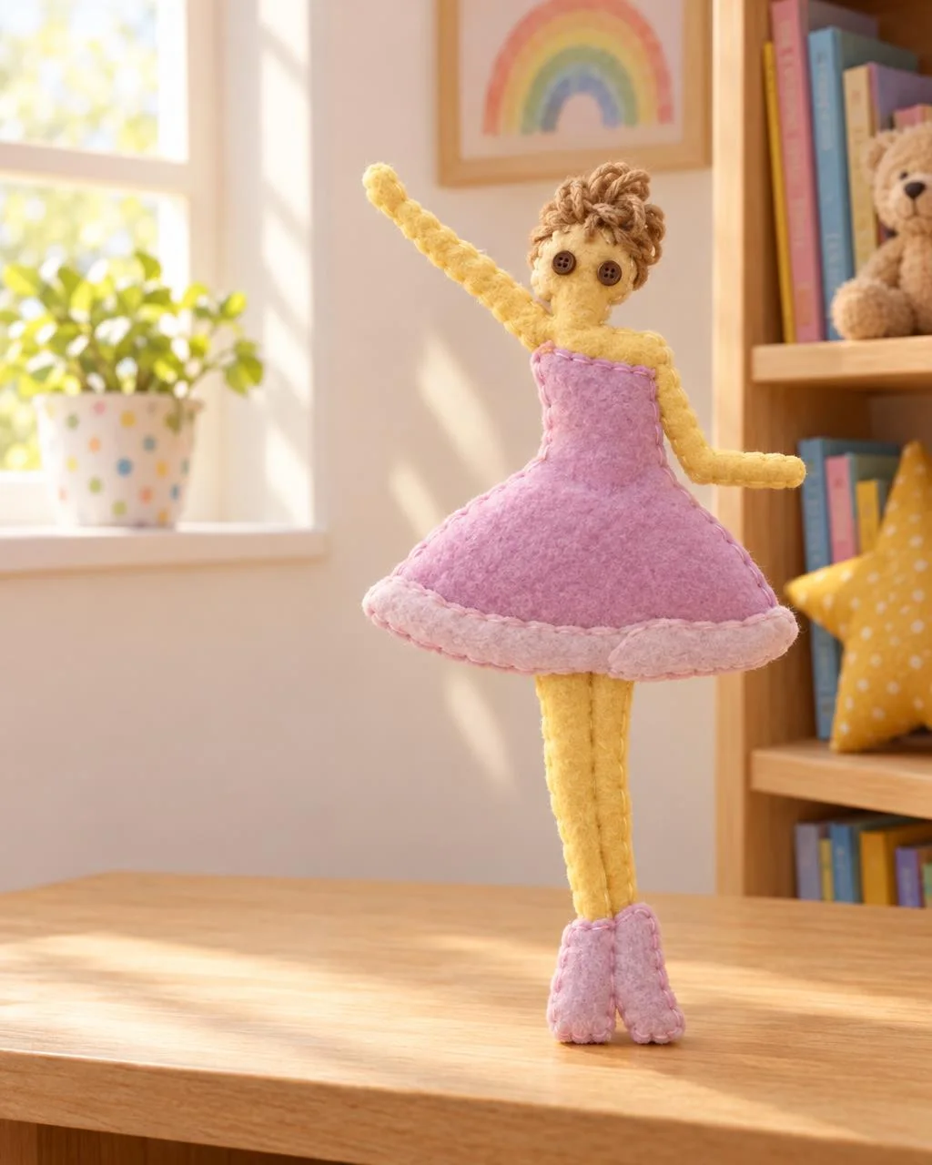 The same drawing of a ballerina in a pink tutu, made real as a handmade plush toy