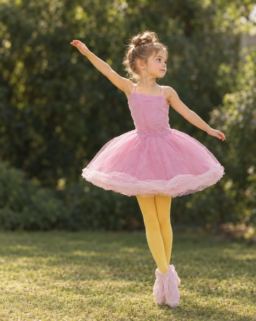 The same drawing of a ballerina in a pink tutu, made real as a real-life photograph