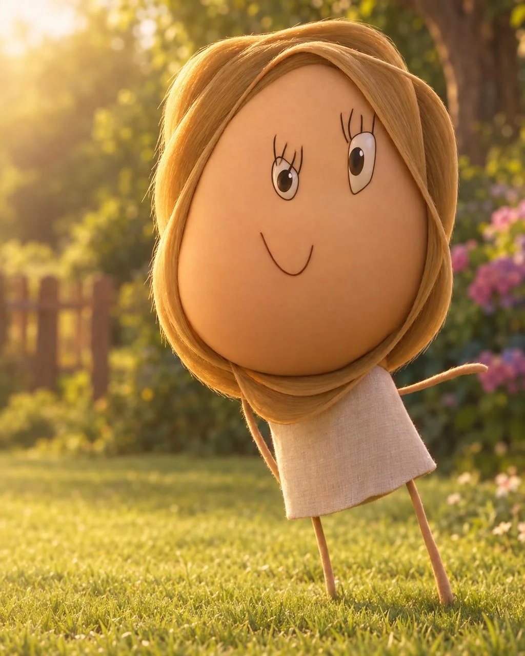 The same drawing of a girl with a giant round head and long hair, made real as a still from a 3D animated film