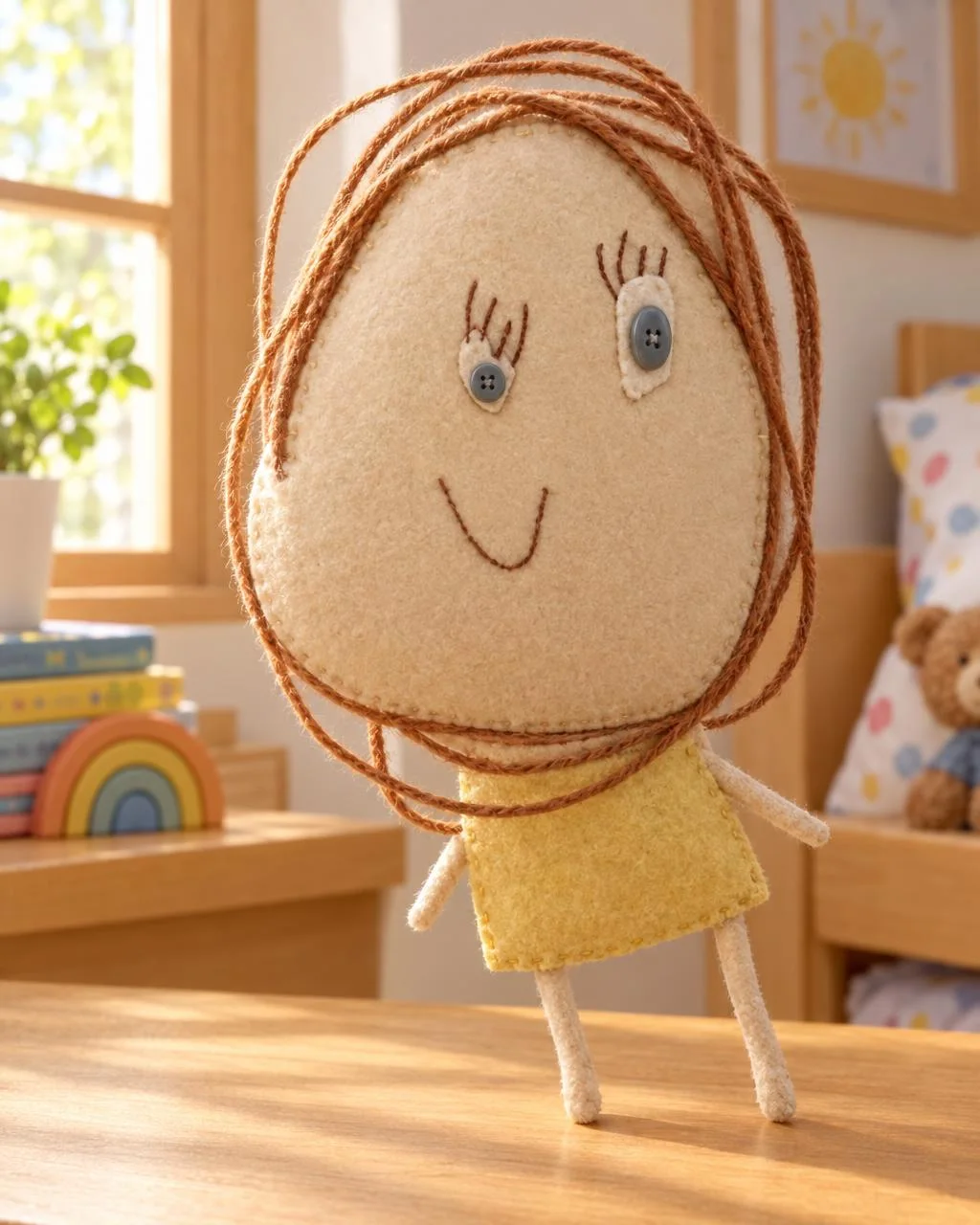 The same drawing of a girl with a giant round head and long hair, made real as a handmade plush toy