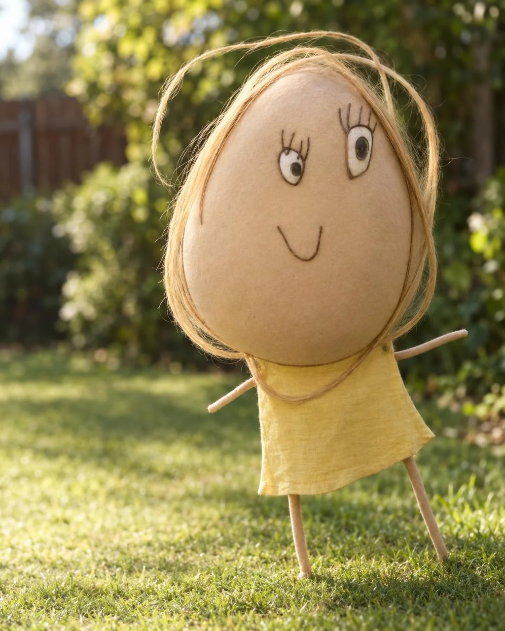 The same drawing of a girl with a giant round head and long hair, made real as a real-life photograph