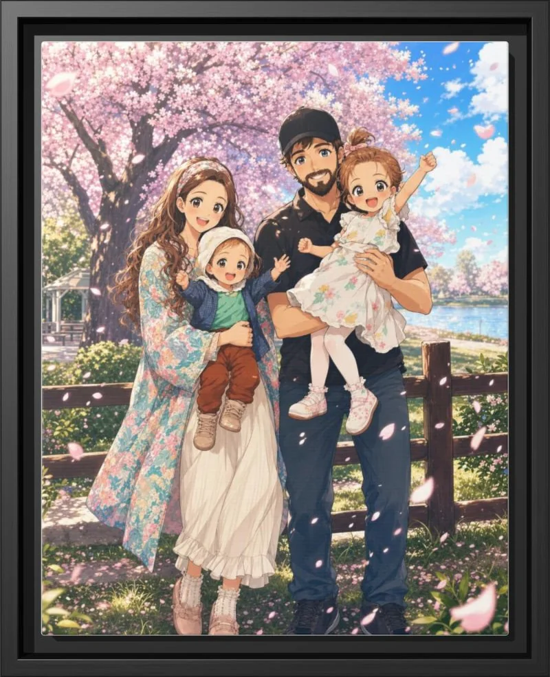 Anime family portrait printed as a framed canvas in a black floating frame