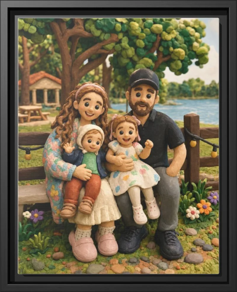 Clay Crew family portrait printed as a framed canvas in a black floating frame