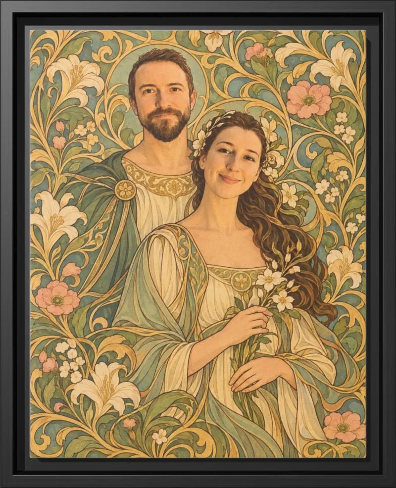 A couple painted as an Art Nouveau panel among lilies, in a black floating frame