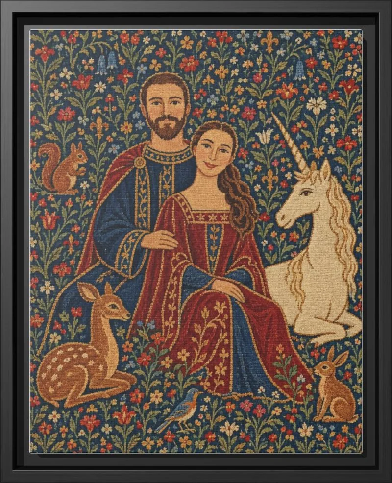 A couple rendered as a medieval woven tapestry with a unicorn and deer, in a black floating frame