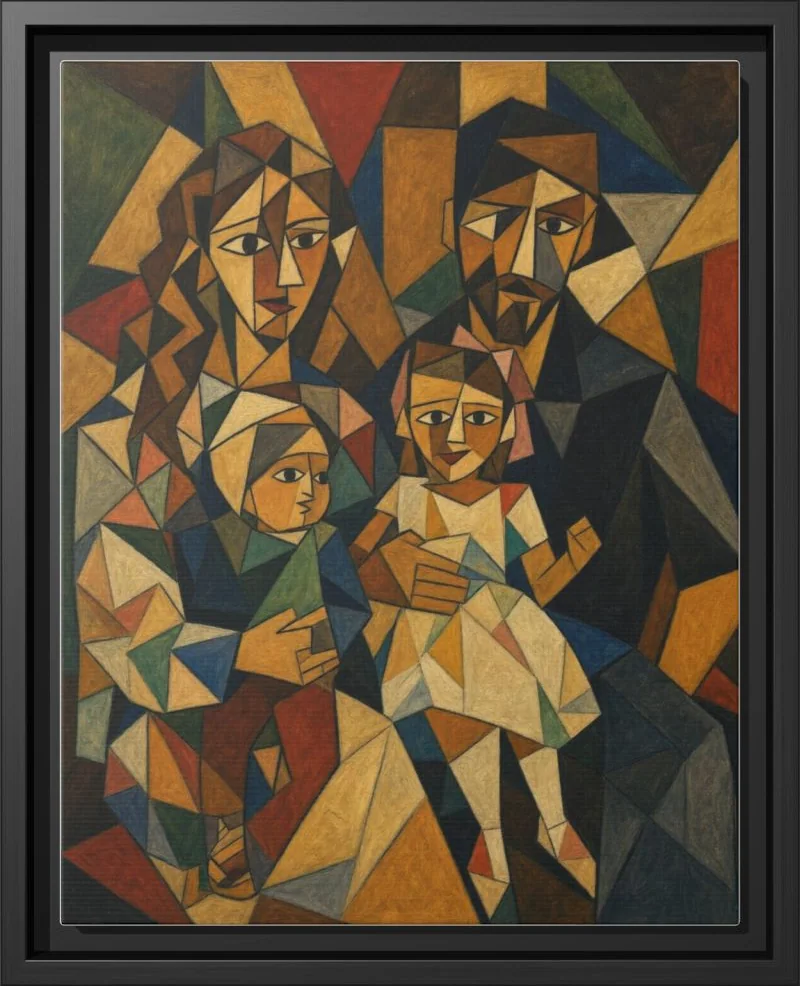 Cubist Portrait family portrait printed as a framed canvas in a black floating frame