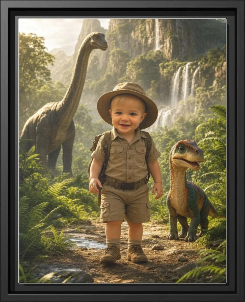 The same dinosaur explorer portrait as a framed canvas in a black floating frame, ready to hang