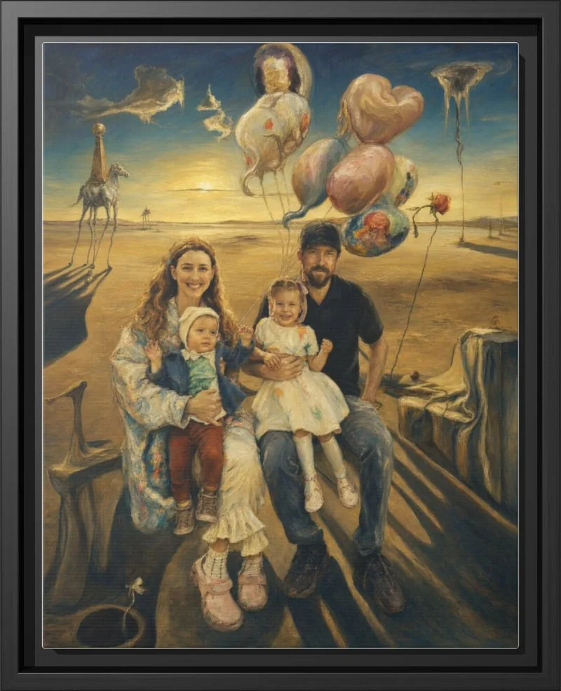 Surreal Dreamscape family portrait printed as a framed canvas in a black floating frame