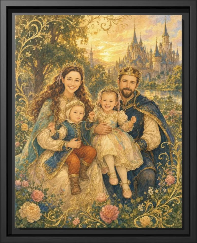 Legend of the Family family portrait printed as a framed canvas in a black floating frame
