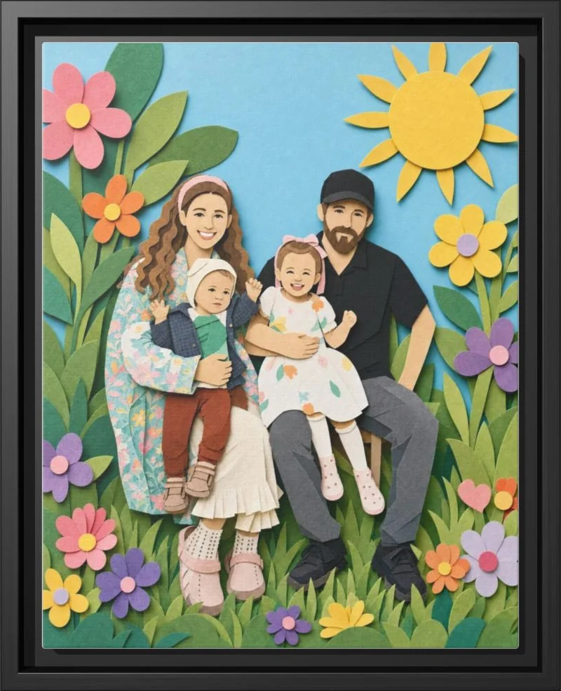 Paper Garden family portrait printed as a framed canvas in a black floating frame