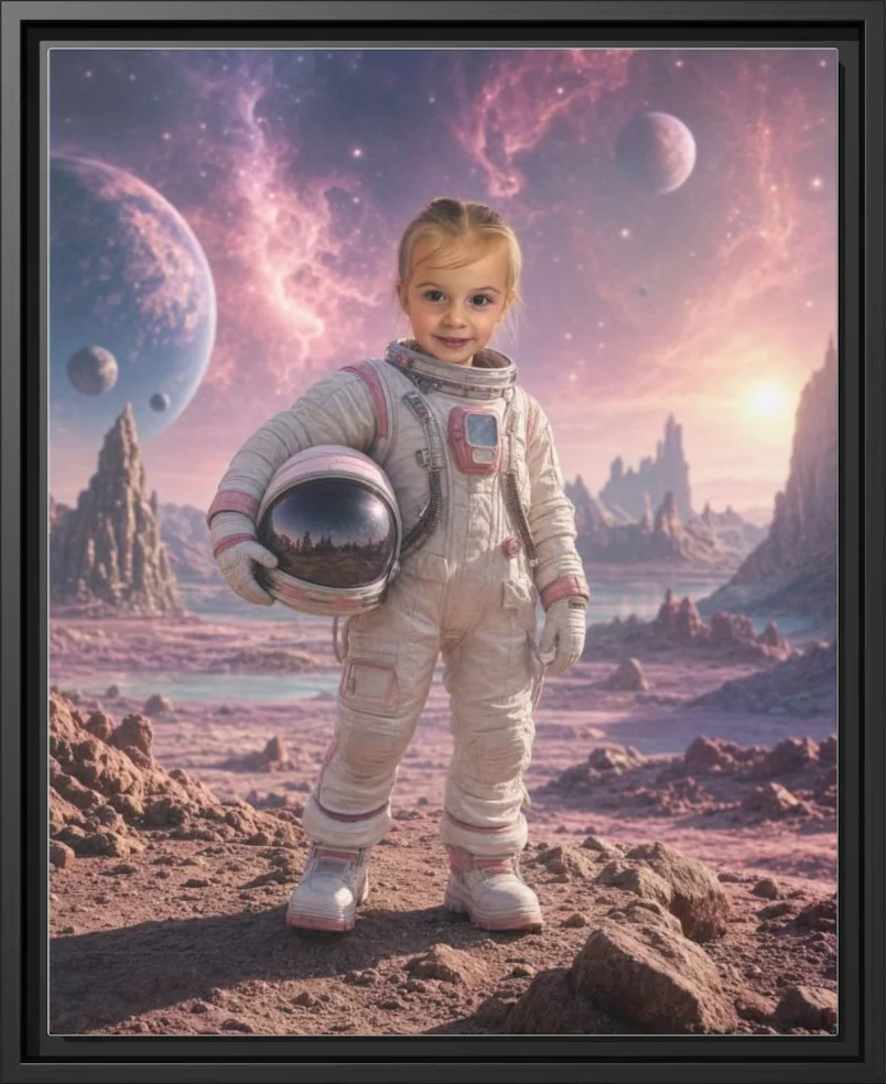 A child repainted as an astronaut, printed as a framed canvas and hanging on a wall