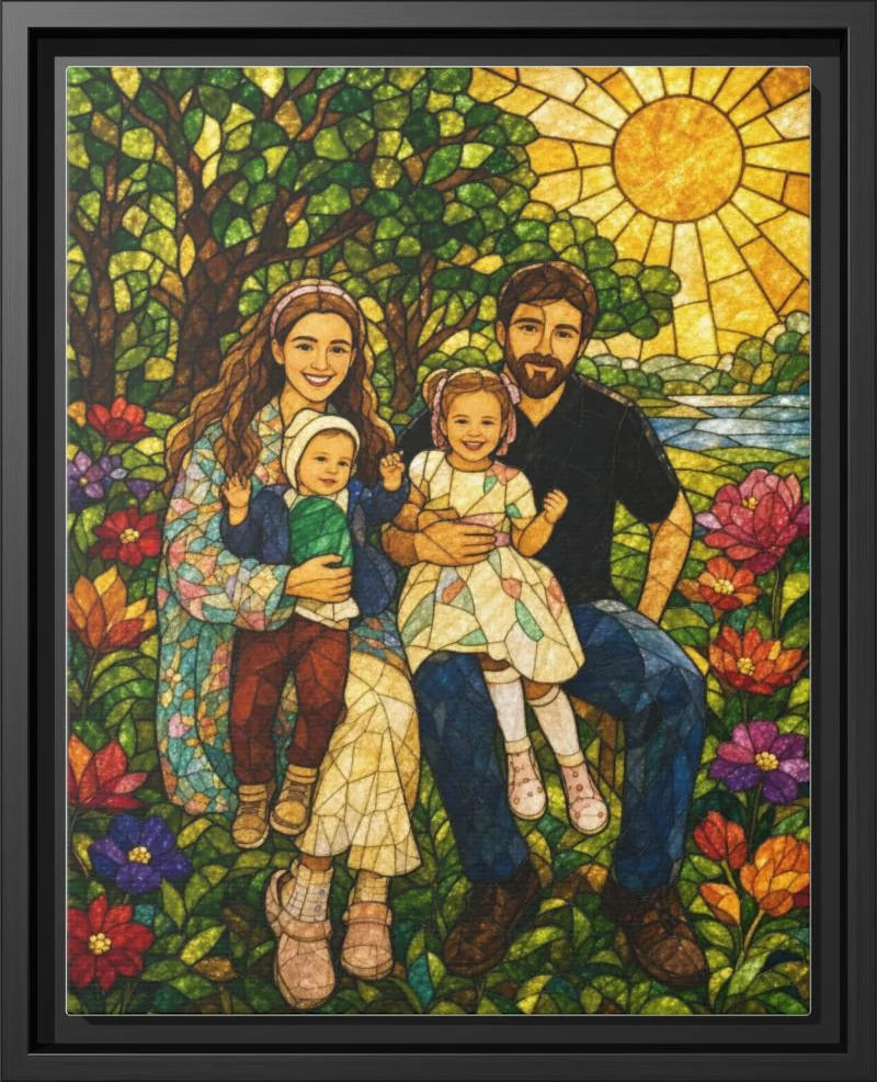 Stained Glass family portrait printed as a framed canvas in a black floating frame