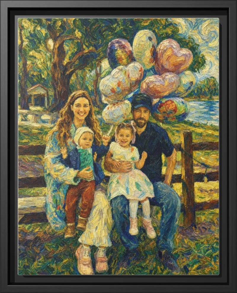 Starry Swirl family portrait printed as a framed canvas in a black floating frame