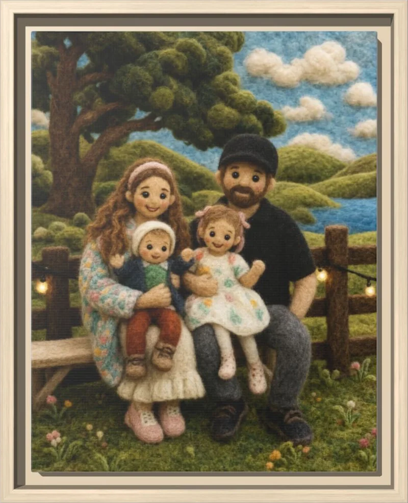 A felted-wool family portrait printed as a framed canvas in a natural wood frame