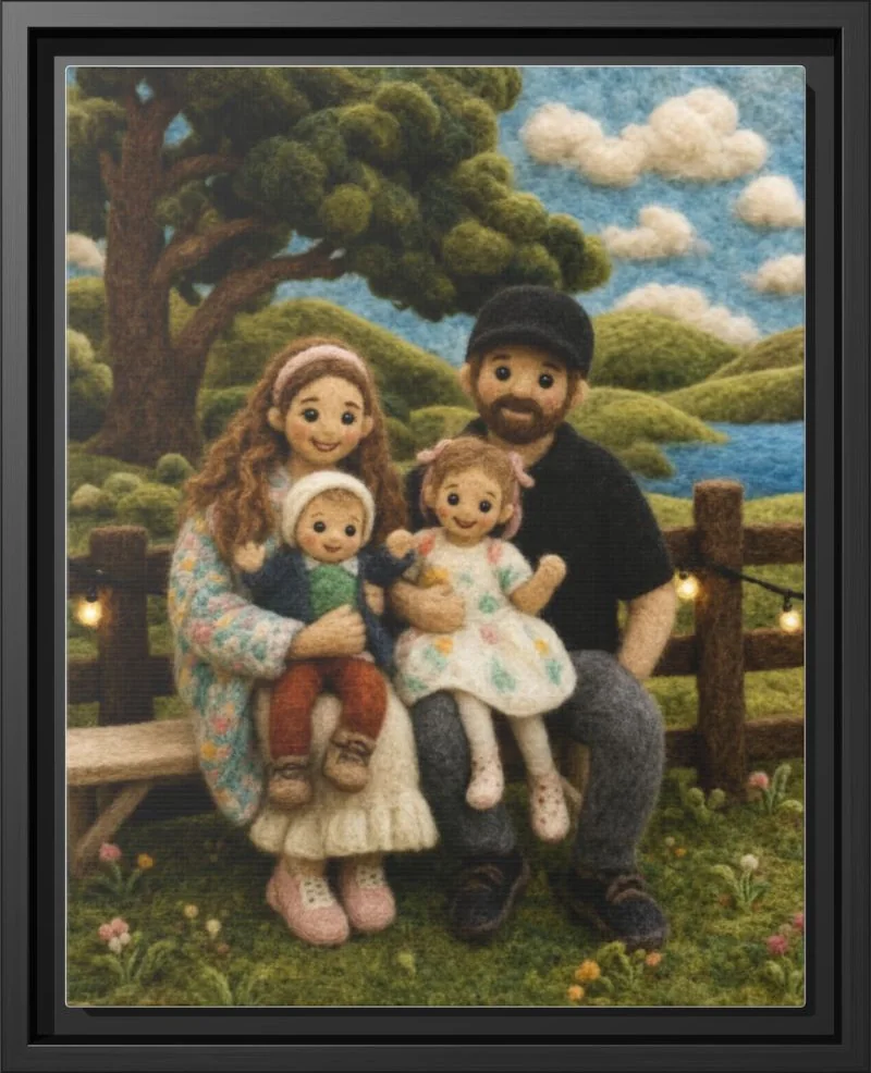 Cozy Wool family portrait printed as a framed canvas in a black floating frame