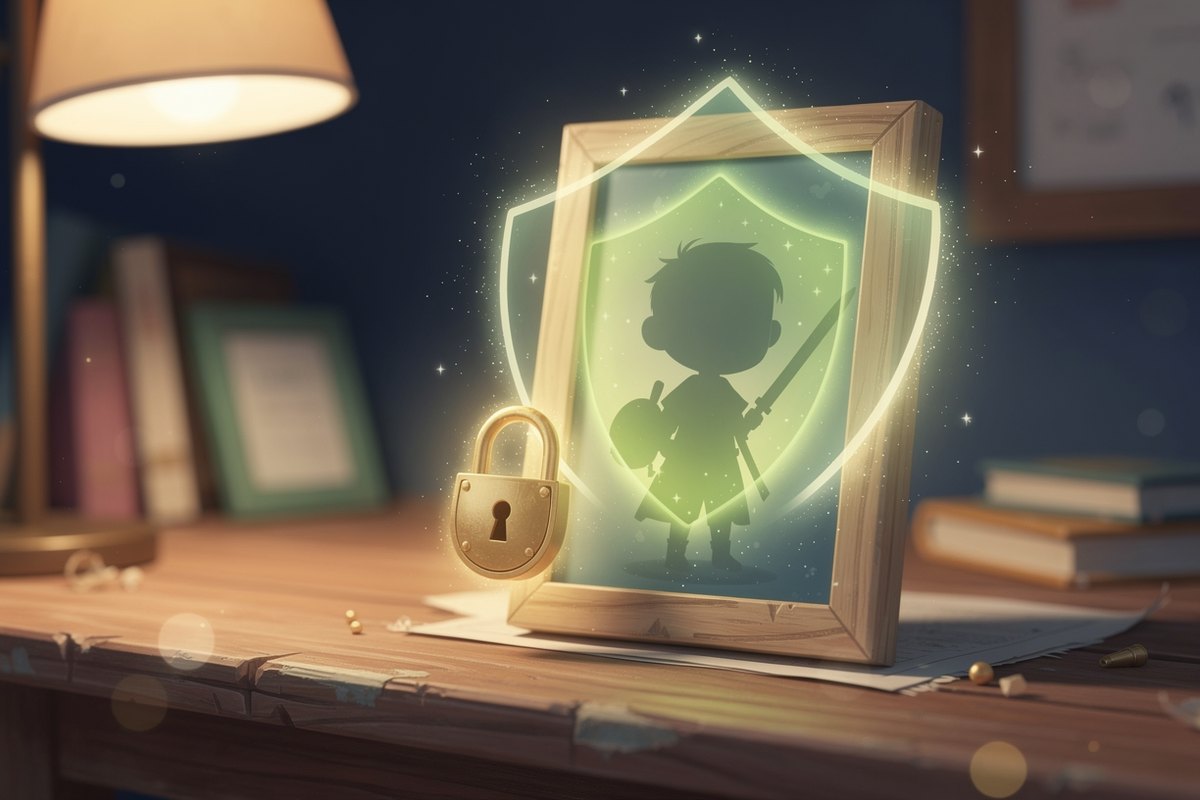 A child's fantasy hero portrait in a soft glowing frame wrapped in a gentle shield and padlock motif, showing photo puzzles are safe for kids