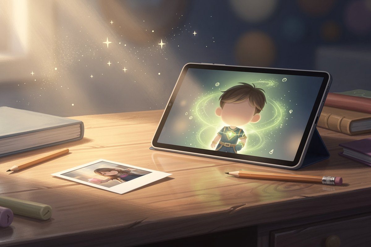 A tablet showing a watermarked fantasy portrait proof beside an uploaded snapshot, illustrating The Curious Thing's approve-before-print step