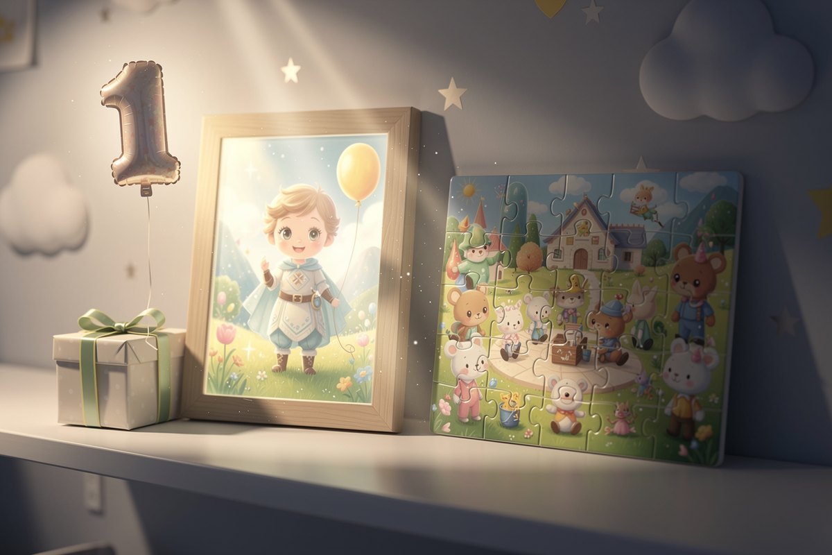 First birthday keepsake shelf: a framed personalized storybook portrait of a child, a pastel number-one balloon, a wrapped gift, and a finished jigsaw puzzle in soft navy and cream tones.
