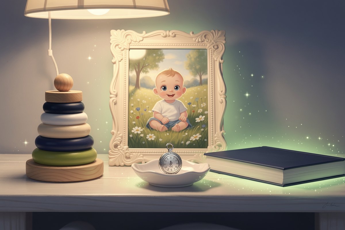 Warm lamplit nursery shelf of keepsakes that last for a one-year-old: a framed storybook baby portrait, a wooden stacking toy, a keepsake locket, and a navy hardcover book.