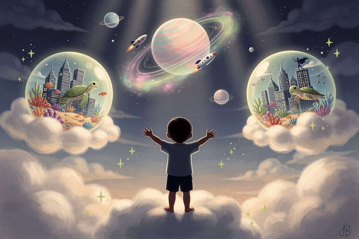 AI portrait gift concept: a child in soft silhouette reaching toward glowing floating storybook worlds, an astronaut planet, mermaid reef, and superhero city, from The Curious Thing
