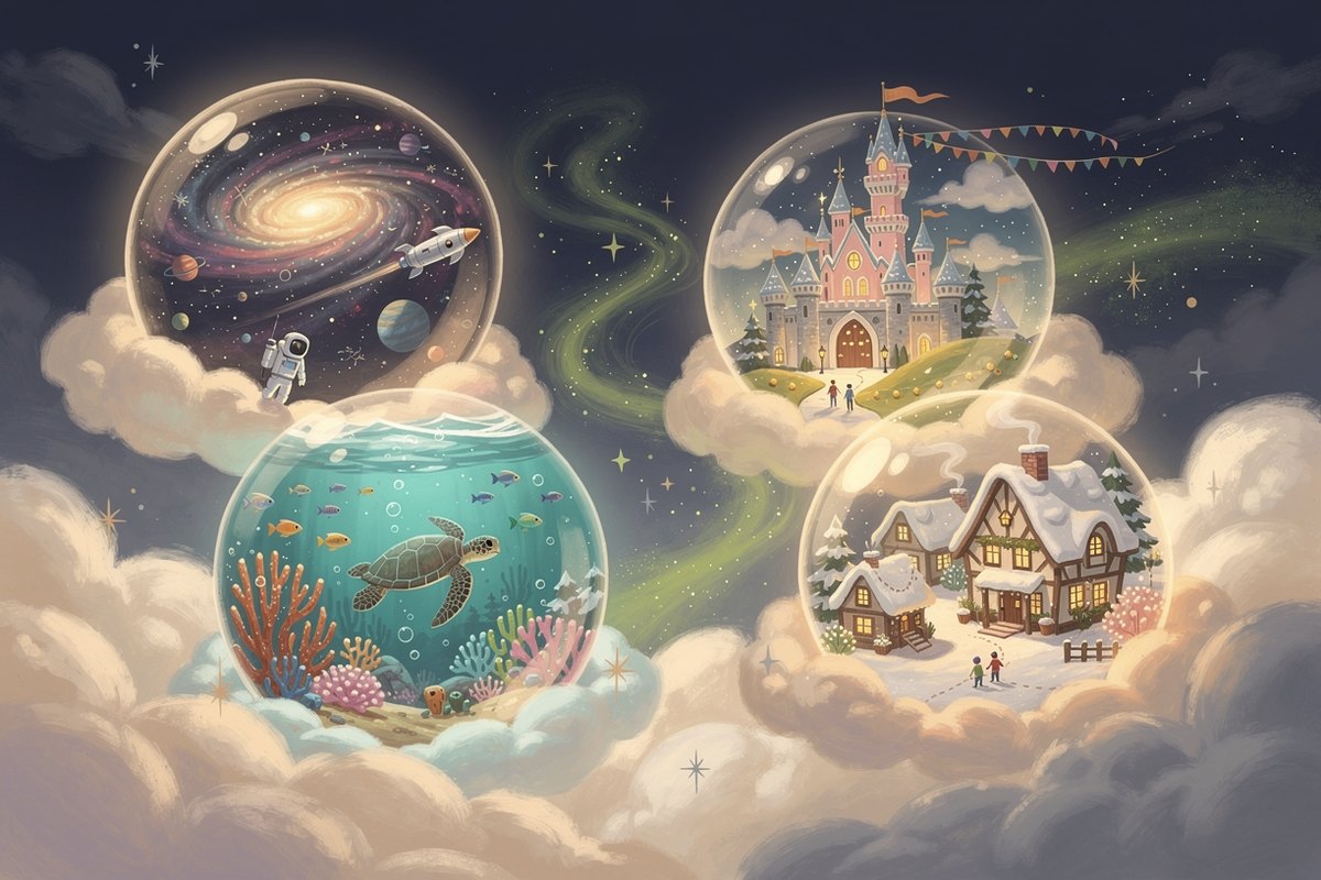Several glowing floating storybook worlds, a space galaxy, coral reef, fairytale castle, and snowy village, the kinds of scenes an AI portrait gift places your child into as the hero